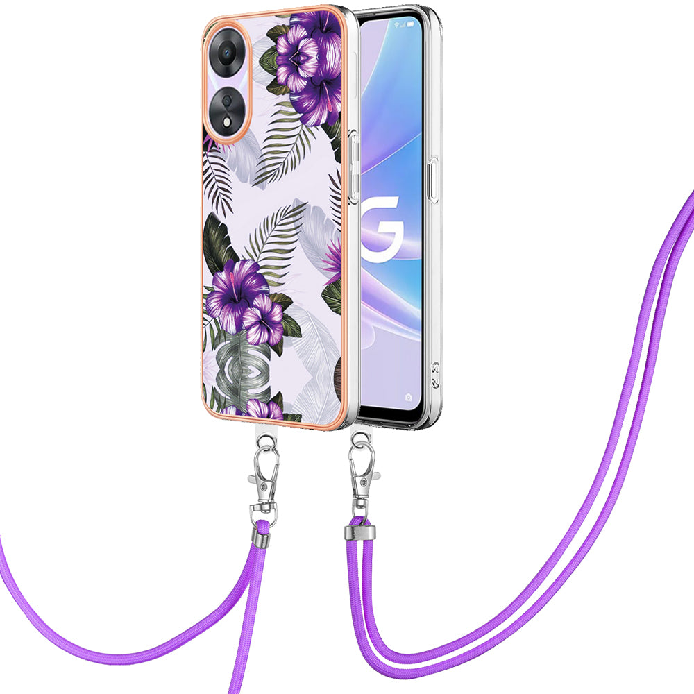 YB IMD Series-4 for Oppo A78 5G / A58 5G Electroplating TPU Cover IMD Marble Flower Pattern Phone Case with Lanyard - Purple Flowers YB IMD Series-4 for Oppo A78 5G / A58 5G Electroplating TPU Cover IMD Marble Flower Pattern Phone Case with Lanyard - Purple Flowers